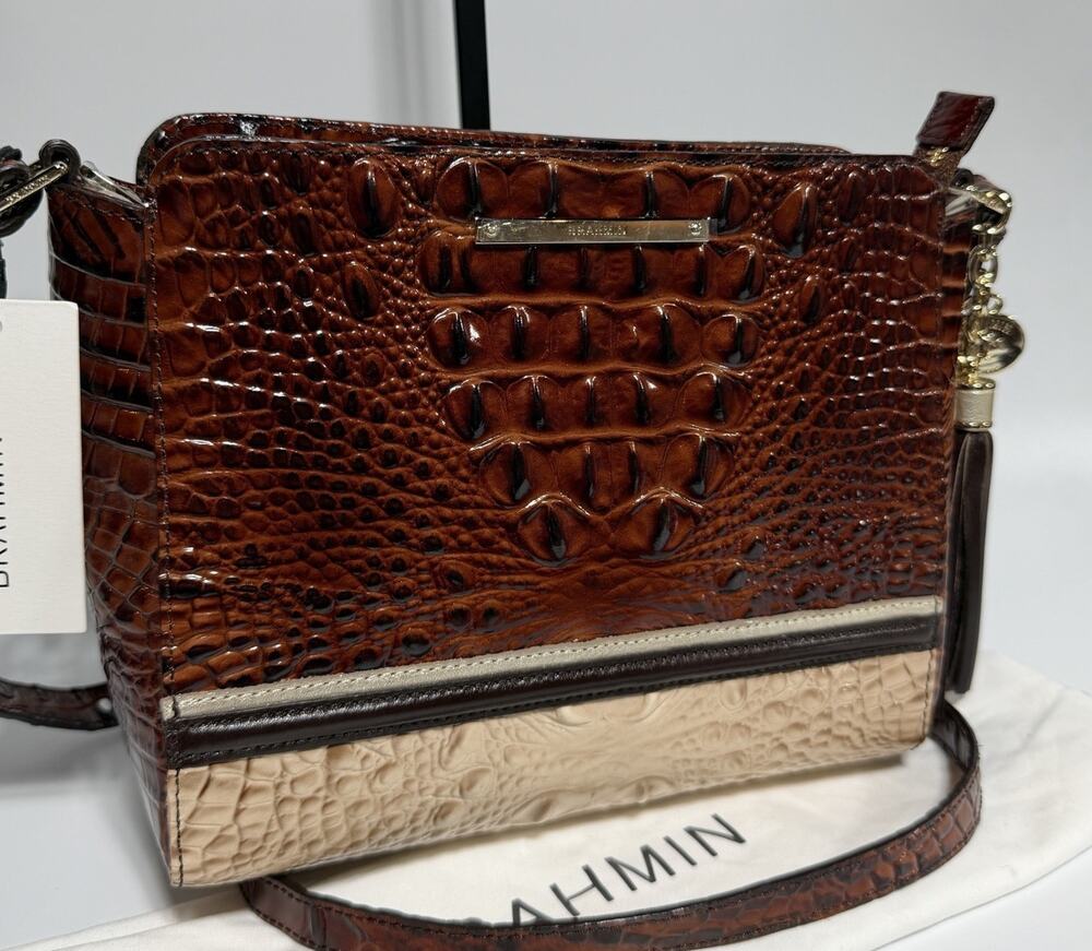 Brahmin Carrie Crossbody Croc Pecan Eastwood Brown White Silver 10" NEW w/ Tags